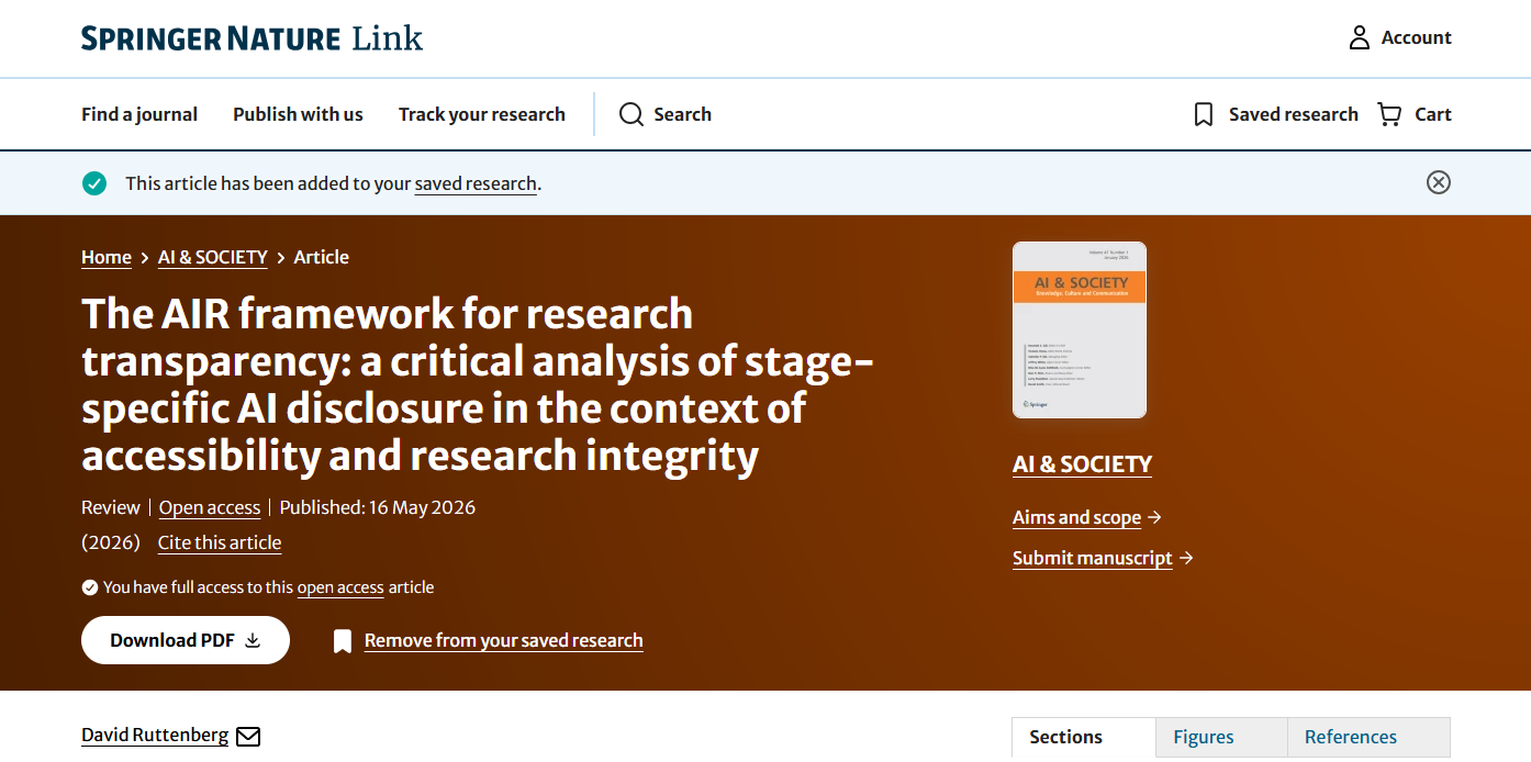Springer Nature AI & Society Journal Header